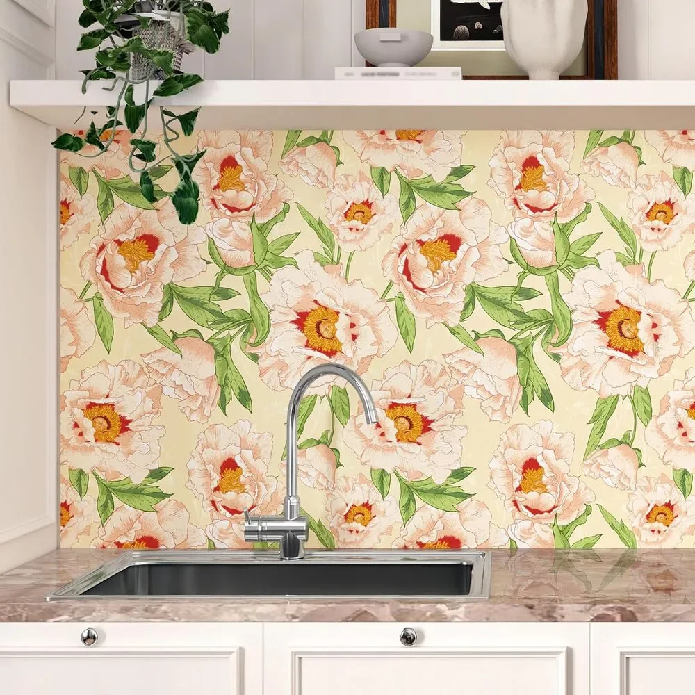 Blooming Big Peony with Green Leaf Textured Peel and Stick Wallpaper 17.5x102 in